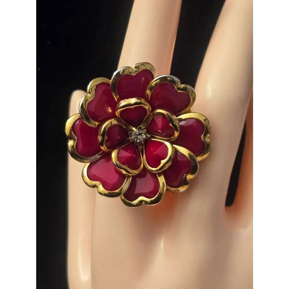 Women's Vintage Red Bead Flower W/ Gold Tone Adjustable Ring